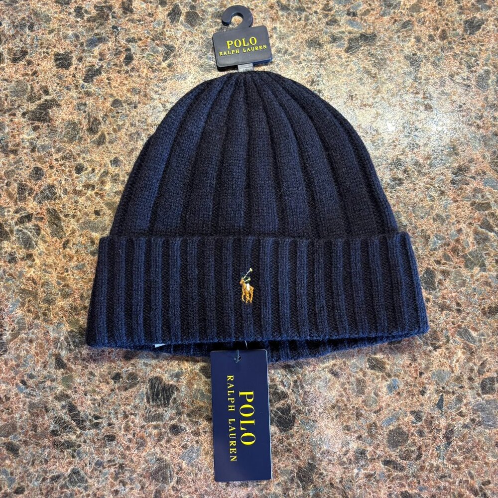 NWT Polo Ralph Lauren Knit Beanie One Size Blue Wool Blend
